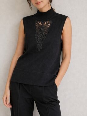 Karen Millen Mockneck Beaded Knit Sleeveless Sweater Top Size Small NWOT